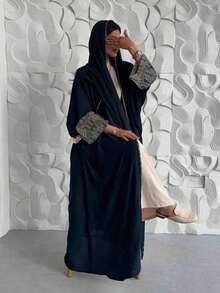 Bộ 2 món: Áo khoác dài cardigan in hoa bằng polyester + Khăn choàng in họa tiết bằng chiffon, phù hợp cho mọi mùa xuân. - Màu xanh hải quân - Xem 5