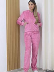 Women's Traditional Plush Set With Hooded Blouse - 淺粉色 - 查看 1