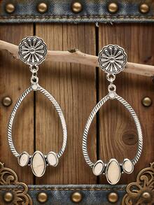 波西米亚象牙绿松石椭圆形耳环，复古镂空水滴牛仔耳环 - 水滴形 - 查看 1