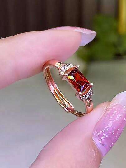 1 chiếc nhẫn hoa hồng đỏ tối giản đính đá Zirconia, nhẫn hở sang trọng đính đá Garnet nhân tạo, nhẫn trang trí hàng ngày và lễ hội.