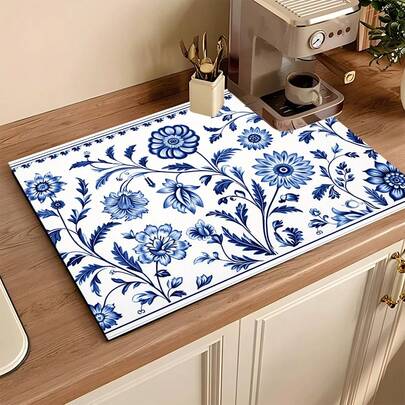 1pc Blue Printed Absorbent Drying Mat, Kitchen Decor, Coffee Machine Pad, Handmade Coffee Pot Draining Mat, Kitchen Floor Mat, Dining Table Mat, Kitchen Counter Dish Drying Mat, Breakfast Mat, Heat-Resistant Anti-Slip Coaster, Washing Machine Mat, Diatomite Draining Mat, Hides Stains, Super Absorbent Kitchen Mat, Easy To Clean Dish Rack Mat, Suitable For Kitchen, Dining Table, Coffee Shop, Bar, Holidays, Parties, Home Decor, Holiday Gifts