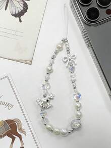 1件可爱女士Y2K水晶珍珠电镀小马合金蝴蝶结手机绳，ins风闪亮钻石星星绳包挂饰，适合度假旅行 - 彩色 - 查看 2