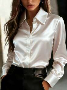 Women's Satin Blouse, Long Sleeve Button-Down Shirt, Non-Stretch Regular Fit, Suitable For Summer, Spring And Autumn - White - View 7