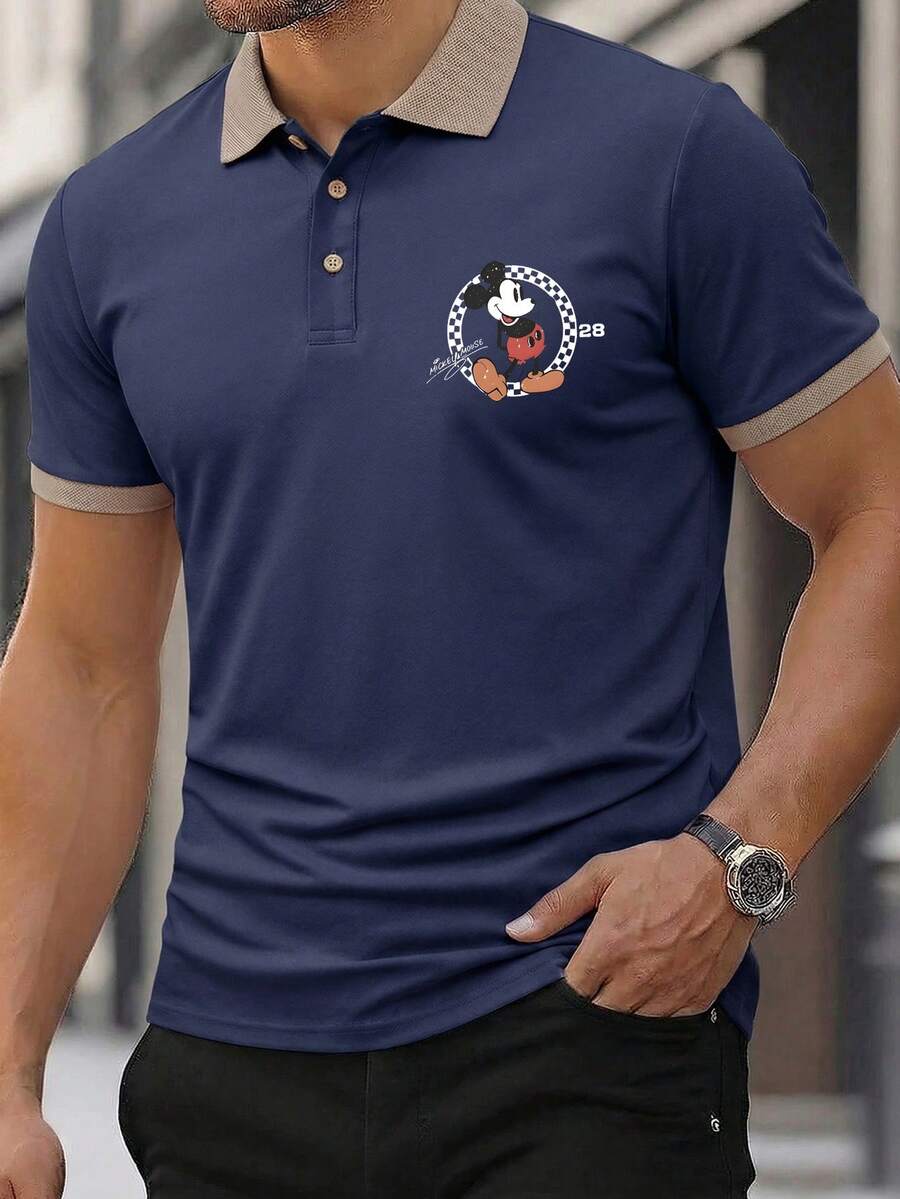 [Disney] New Summer Men's Short-Sleeve Polo Shirt, Retro American Style, Disney Mickey Mouse Logo Print, Business Collar Polo Shirt, Men's Undershirt, Suitable For Golf. - 藏青色 - 查看 1