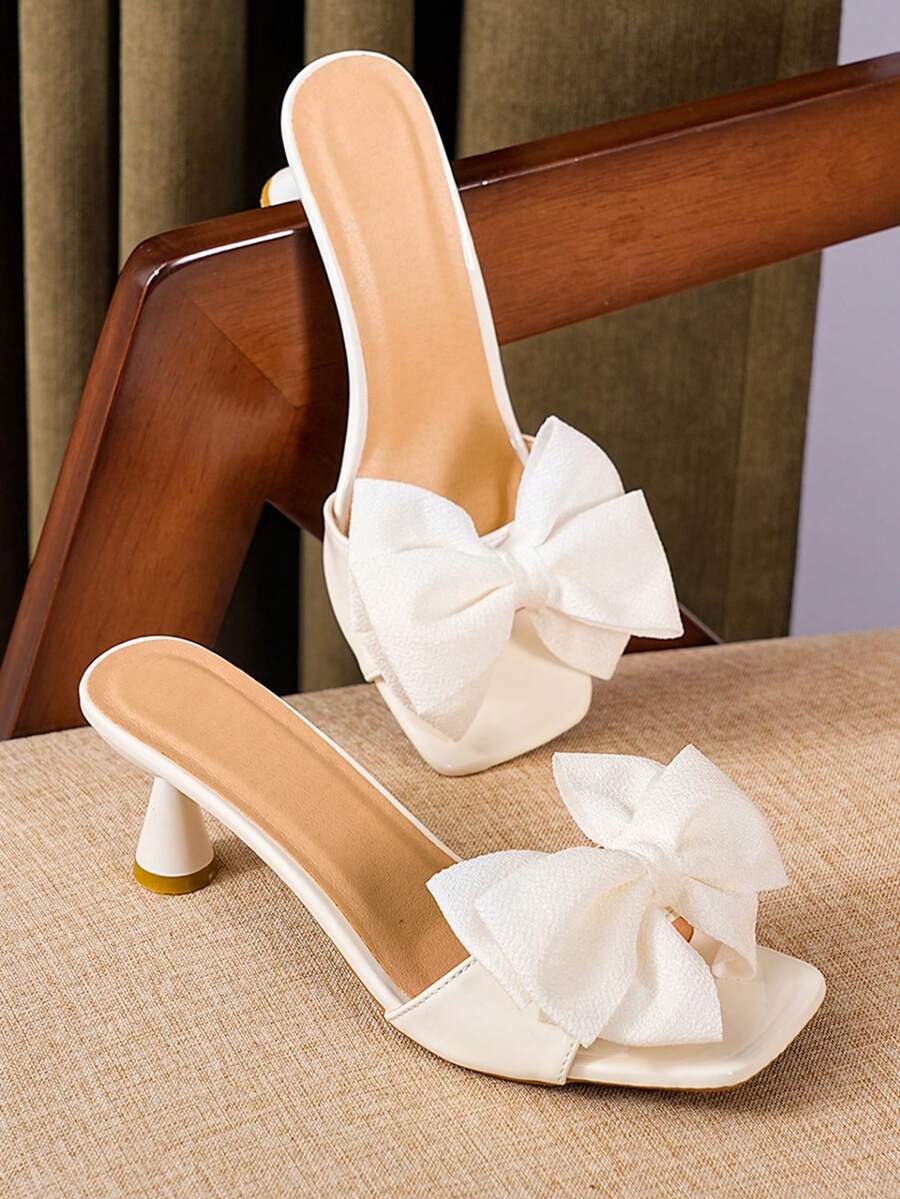 女士白色高跟凉鞋，新款夏季时尚百搭西部风格婚礼蝴蝶结新娘凉鞋，米色蝴蝶结凉鞋 - 白色 - 查看 1