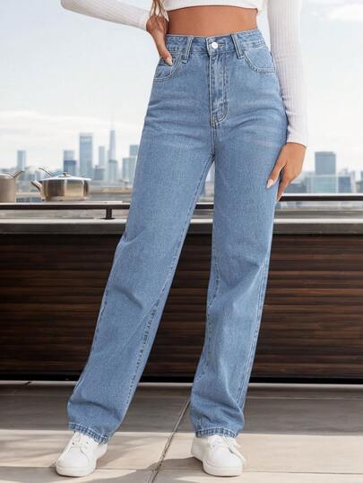 Jeans casuales de pierna recta y ajuste holgado para mujer con bolsillos , Pantalones De Pierna Recta De Mezclilla Lavada, Pantalones vaqueros diarios simples unicolor para mujer