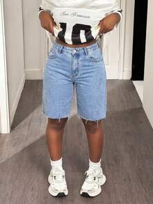 Distressed Light Blue High Waist Denim Shorts, Stretchy Washed Fabric, Casual Summer Chic Retro All-Match Style - Blue - View 2