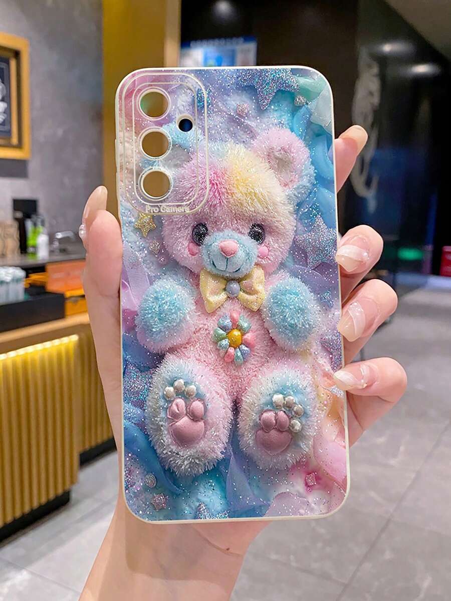 1pc Glitter Plush Bear Shockproof Phone Case, UV Printed, Compatible With Samsung/Galaxy/ Android Models - Beige - View 1