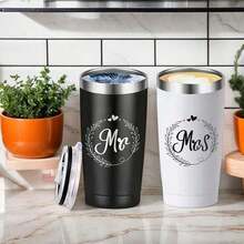 1 Set Mr & Mrs Stainless Steel Insulated Travel Mugs, Ideal For Newlyweds, Wife, Bride, Engagement Anniversary, Valentine's Day, Party, Wedding Gift, 20oz (600ml) Capacity - Multicolor - View 1