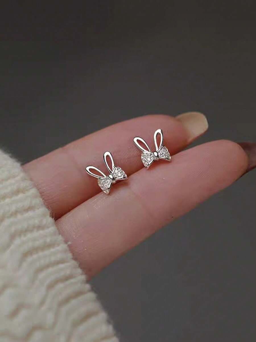 1 Pair Cute & Delicate Rabbit Bow Earrings For Girl - Silver - View 1