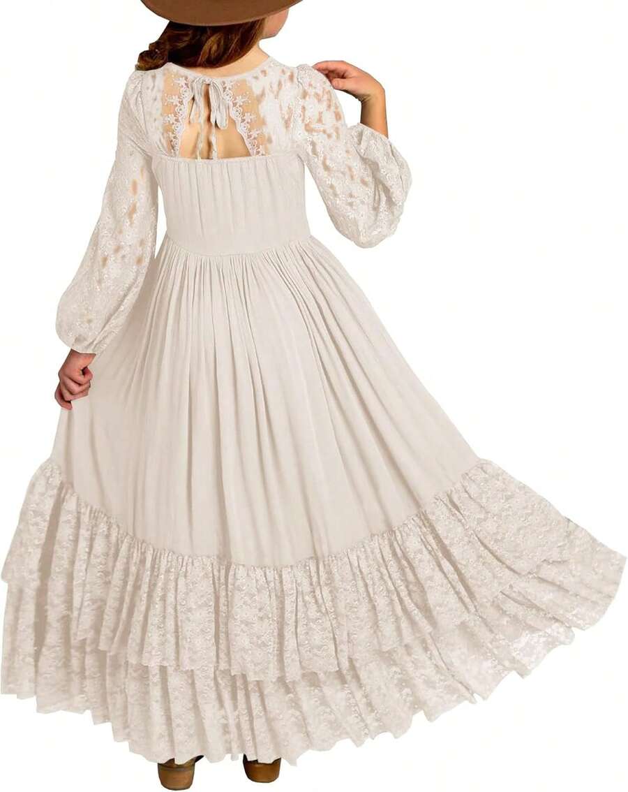 2026 Girls Elegant Lace Flower Boho Dress Long Sleeve Backless Square Neck Ruffle Party Maxi Dress - 03 米色 - 查看 1