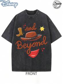 Disney Officially Licensed Graphic T Shirts 100 Percent Cotton Disney Shirt, Buzz & Woody Couple T-Shirt, Unisex, Washed 230g, Retro, Unique Print, Loose Comfortable Short Sleeve - 黑2 - 查看 2