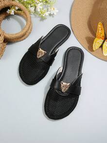 Black Round Toe Slip-On Flat Sandals, Metal Leopard Head Buckle Fishnet Material Strap Women's Toe-Ring Beach Slippers, Elegant Casual Versatile Summer New Style - Black - View 6