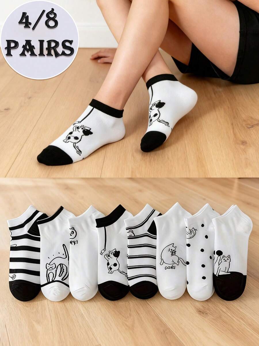 4/8 Pairs Unisex Black & White Cat Cartoon Striped & Polka Dot Breathable Moisture-Wicking Cute Funny Ankle Socks, Suitable For Daily Wear