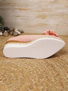 优雅甜美坡跟一脚蹬女鞋，低鞋面蝴蝶结亚麻休闲时尚鞋，适合春秋季户外穿着 - 粉色 - 查看 7