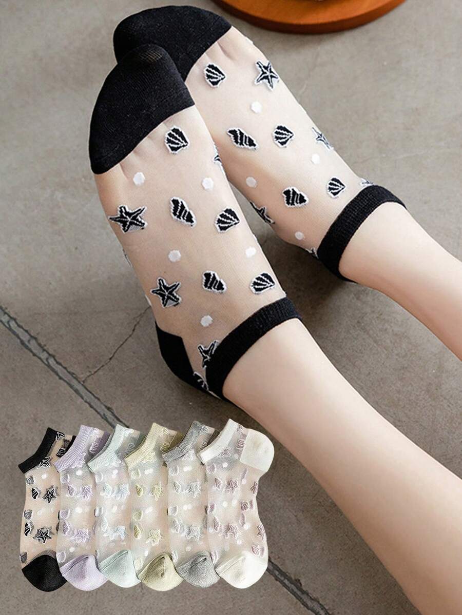 6 Pairs Women's Thin Crystal Silk Socks, Korean Fashion Starfish Beach Vacation Style Boat Socks, Summer - Multicolor - View 1