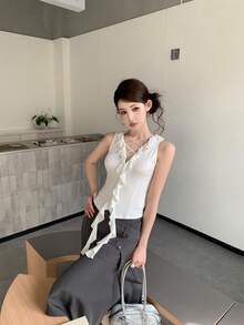 Sexy Tassel Asymmetrical Strap V-Neck Tie Ruffle Trim Fitted Camisole Top - White - View 4