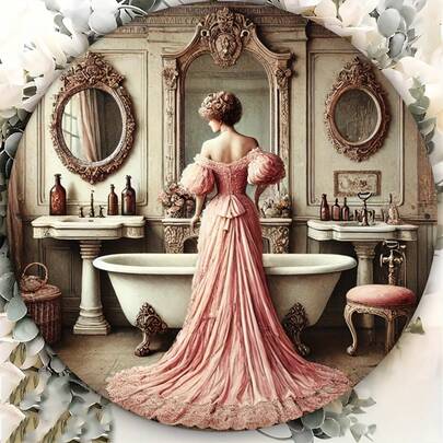 1pc Vintage Style Iron Metal Sign - Woman Dressing In Bathroom - Wall Art Decor, Suitable For Home, Restaurant, Cafe And Garage Decoration, Iron Metal Material, 20x20cm (8x8 Inch), Pre-Drilled Holes As Shown In Size Chart