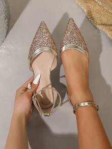 New Spring/Summer Fashion Women's Pointed Toe Gold Sequin Minimalist Casual Flat Shoes, Hollow Out Sandals - Gold - View 3