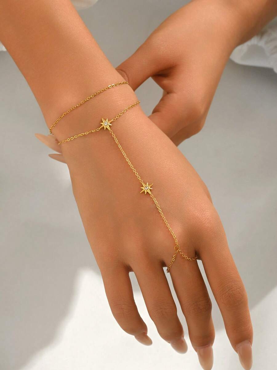 LIEBEIRIS 1 chiếc vòng tay/vòng đeo tay hai lớp hình ngôi sao mạ vàng 18K, thích hợp cho nữ giới đeo hàng ngày và làm quà tặng. - Vàng - Xem 1
