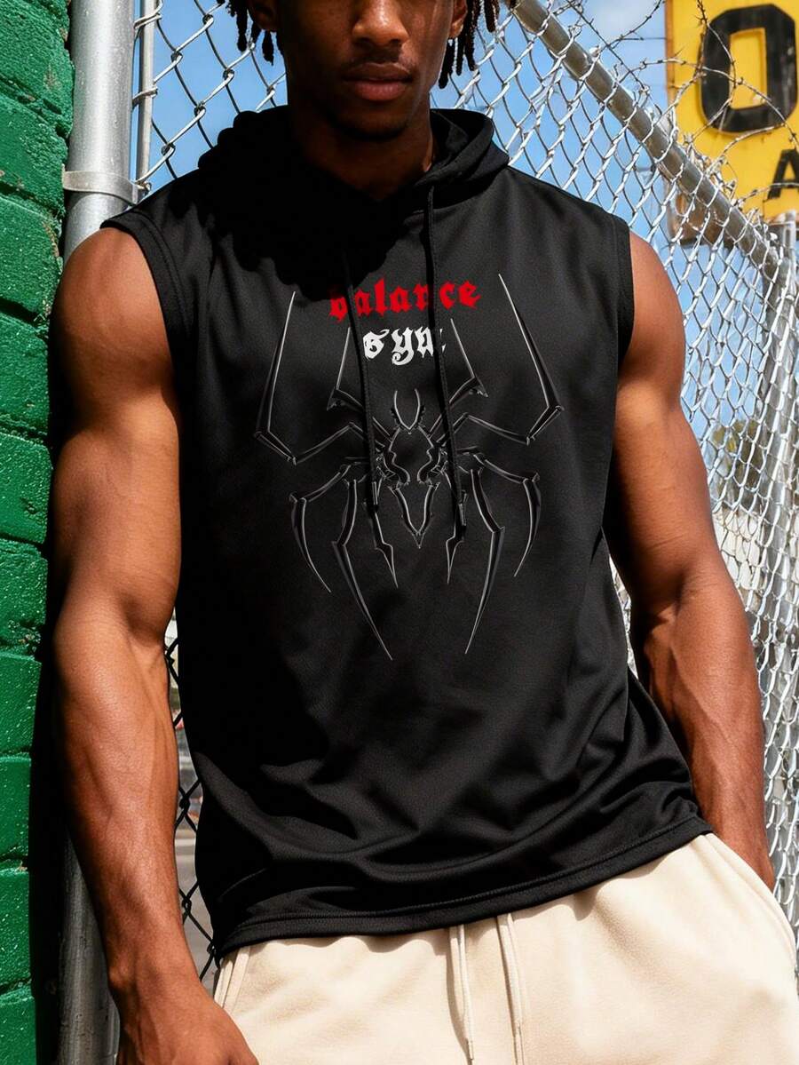 Áo tank top thể thao có mũ trùm đầu dây rút dành cho nam, áo đấu bóng rổ, áo vest đi học, quần jogger nam, áo hoodie in hình phong cách Y2K. - màu đen - Xem 1
