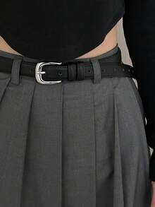 Women's Simple Yet Elegant Shiny Silver Buckle Leather Belt, Decorative For Students And Youth, Korean Style Fall, Autumn, Halloween - 黑色 - 查看 4