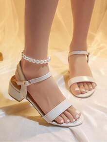 1 Pair Summer Fashion Elegant Minimalist Open Toe Low Heel Ankle Strap Sandals For Teenagers - Beige - View 4