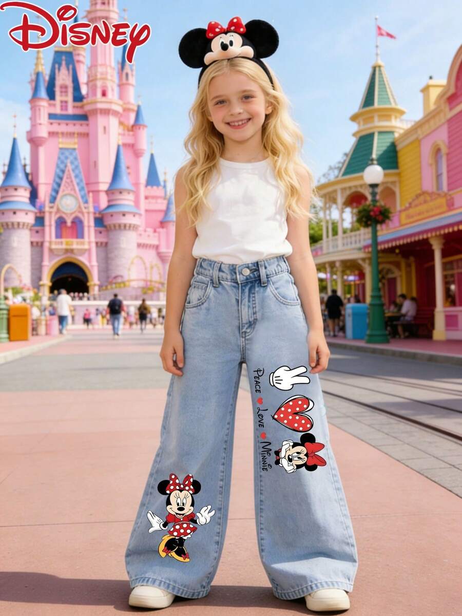 Disney-Branded Licensed Girls Children's Jeans, Minnie With Peace, Love, And Heart Gestures Patterned And Printed, Straight-Leg Pants For Teenagers In Spring/Summer, Casual, , Cool, And Versatile Denim Pants - Light blue - 查看 1