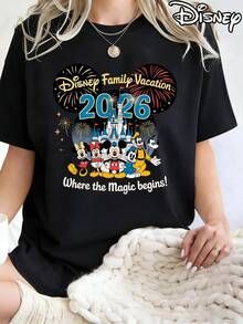 Women's Disney Family Vacation 2026 Black Cotton Short Sleeve Round Neck T-Shirt, Casual Regular Fit Tee With Mickey Mouse Characters And Castle Graphic, Where The Magic Begins - Black - View 1