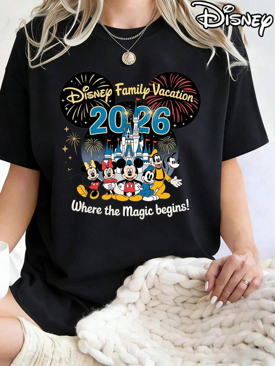 Women's Disney Family Vacation 2026 Black Cotton Short Sleeve Round Neck T-Shirt, Casual Regular Fit Tee With Mickey Mouse Characters And Castle Graphic, Where The Magic Begins - Black - View 1