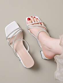 Women's White Thick Heel Square Toe Slip-On Sandals, Summer New Rhinestone Beach Criss-Cross Rhinestone Strap Beach Sandals, Mid-Heel Minimalist Casual Sandals, White - White - View 3