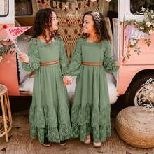 2026 Girls Elegant Lace Flower Boho Dress Long Sleeve Backless Square Neck Ruffle Party Maxi Dress - 06 淺綠色 - 查看 4