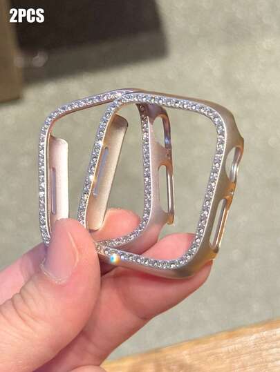 Bling Cover Crystal Rhinestone Bumper Protective Case, 2 Packs Hard PC Ultra Hollow Out Watch Case, Compatible With Apple Watch 40/41/42/44/45/46/49mm, For Apple Watch Series Ultra/SE/11/10/9/8/7/6/5/4, Intelligent Watch Case Accessories, Pink+Starlight Color