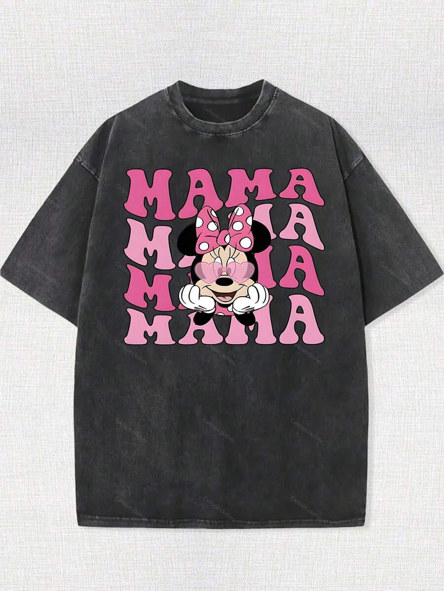 Disney Authorized | Retro Minnie Mouse Mommy T-Shirt -100% Cotton Washed Unisex Short Sleeve Casual Shirt-Machine Washable-Perfect Summer Birthday Gift For Fans-Daily Comfort-Classic Print Durable. - 黑色 - 查看 1