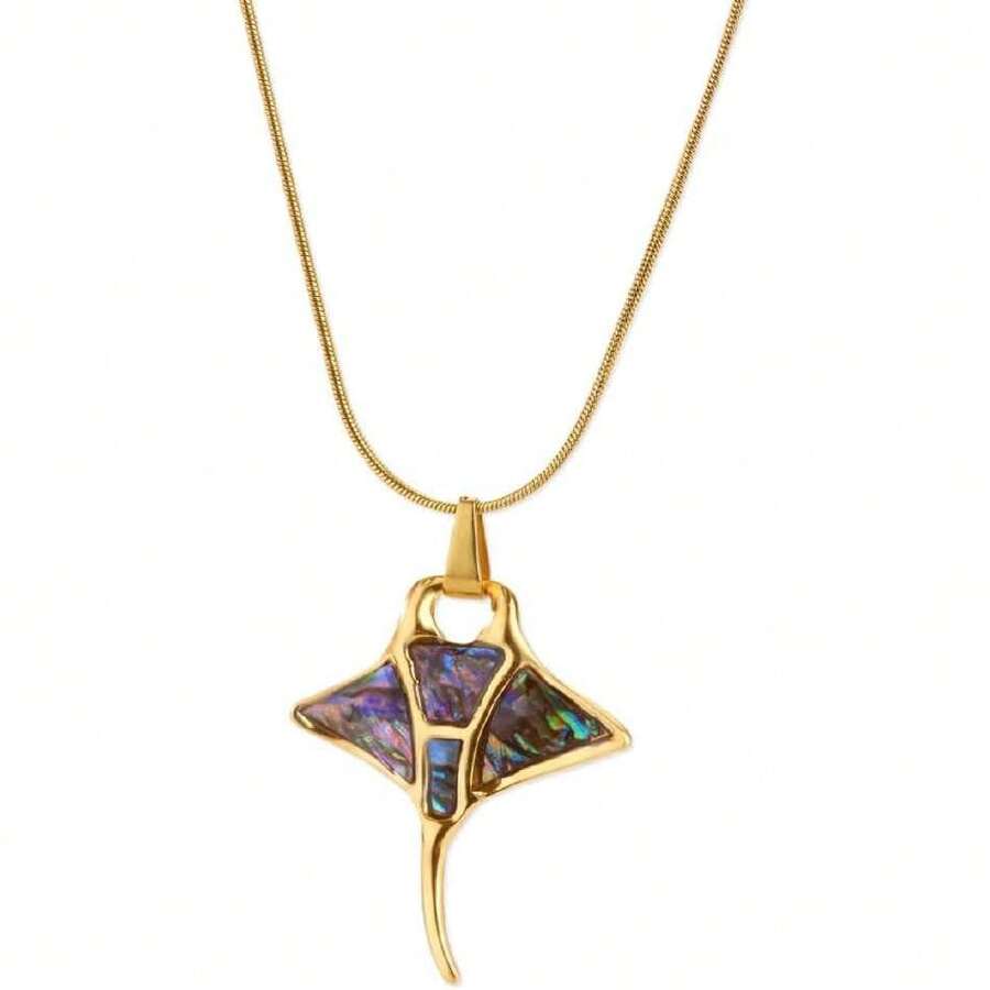 Manta Ray Pendant Necklace, Opal, Manta Ray, Snake, Stainless Steel Necklace, Wheat Chain, For Women, Men, Summer, Beach, Mobula, 42555812 - 黃色 - 查看 1