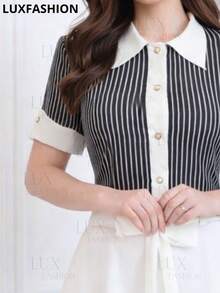 Women's Striped Dress Shirt With Contrasting Collar, Elegant, Evangelical Fashion, Short Sleeves - 黑色 - 查看 2