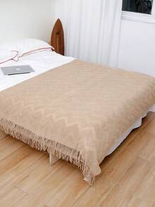 1 chiếc chăn sofa vuông nhỏ hai màu kẻ caro, chăn ném hình chữ nhật bằng polyester có tua rua, thích hợp cho giấc ngủ trưa ở văn phòng và sử dụng hàng ngày. - kaki gợn sóng vải terry của Pháp - Xem 4