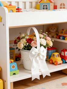 1个花童篮，婚礼花篮，白色花瓣，缎面花篮，适用于婚礼、婴儿派对和其他场合 - 彩色 - 查看 8