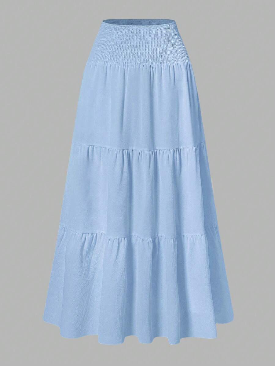 Women's Solid Color Minimalist Versatile Ruffle Hem Bubble Crinkle Feeling Semi-Sheer Skirt Summer