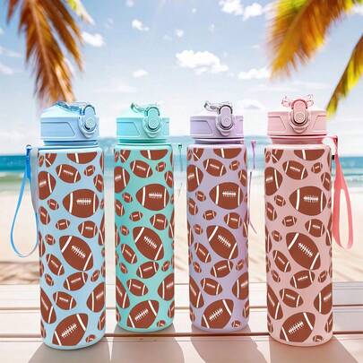 1pc 27oz Cute Colorful Cartoon Sports Water Bottle, Football Pattern Design, Leak-Proof Flip Cap With Straw, Detachable Lid, Ideal For Commuting, Fitness, Running, Outdoor, Great Birthday Gift For Her