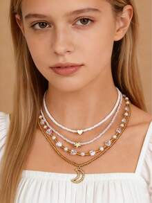 4件套时尚甜美仿珍珠心形星星月亮项链套装，女孩派对配饰 - 彩色 - 查看 1