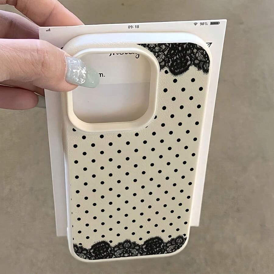 1pc White Lychee Texture Matte Minimalist Lens Protection Phone Case With Full Screen Polka Dot & Lace Pattern Mosaic Design, Compatible With IPhone 16 Pro Max, 17/16/15/14 Plus, 13/12/11, Air, Series, International Version, Not The Domestic Version - Multicolor - View 1
