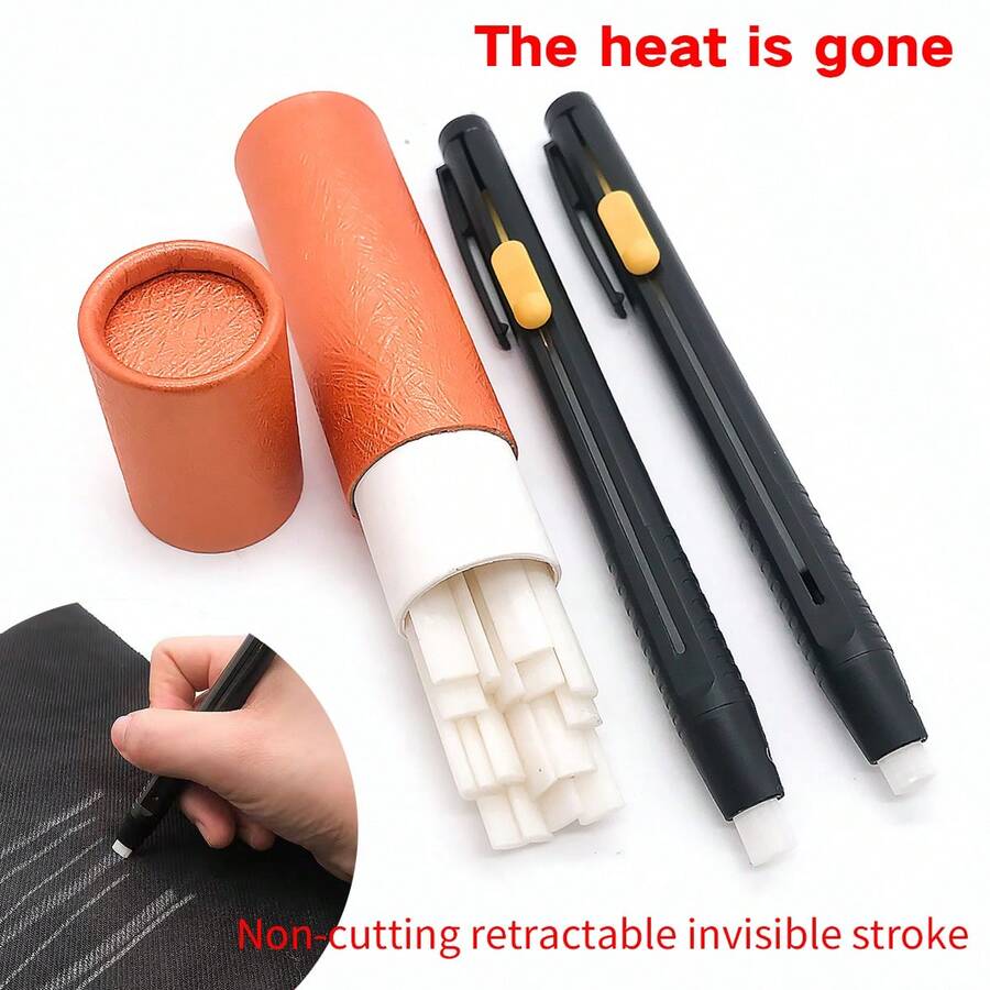 2pcs Pen Holder + 20pcs Refill Disappearing Marking Chalk, New Retractable Invisible Marking Pen, High Temperature Vanishing Marking Powder For Clothing Sewing, Refillable Wax Chalk Pencil