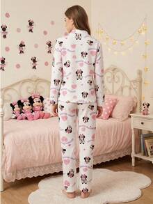 Disney Two Pieces Printed Open-Front Puff Crinkle Casual Long-Sleeved Pants Women's Pajama Set - White - View 2