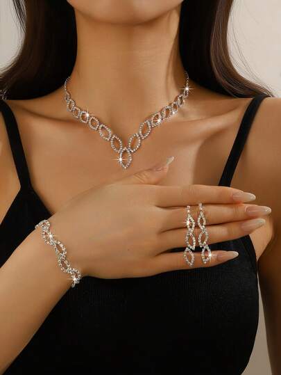 Conjunto de collar con cadena ovalada de cristal transparente brillante, pulsera tipo tenis y aretes, diseño en forma de V, adecuado para ocasiones formales, galas y fiestas