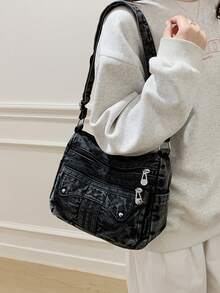 新款休闲时尚柔软牛仔布多层斜挎包，多口袋设计，多功能通勤大容量女士单肩包，适合工作通勤、购物和旅行，是牛仔女孩的完美之选。 - 黑色 - 查看 4