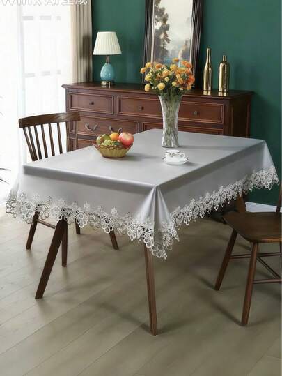 Versatile Minimalist Semi-Transparent Matte Tablecloth With Lace Embroidered Edges, Waterproof, Oil-Resistant, Plastic, Easy Clean Rectangular Tablecloth