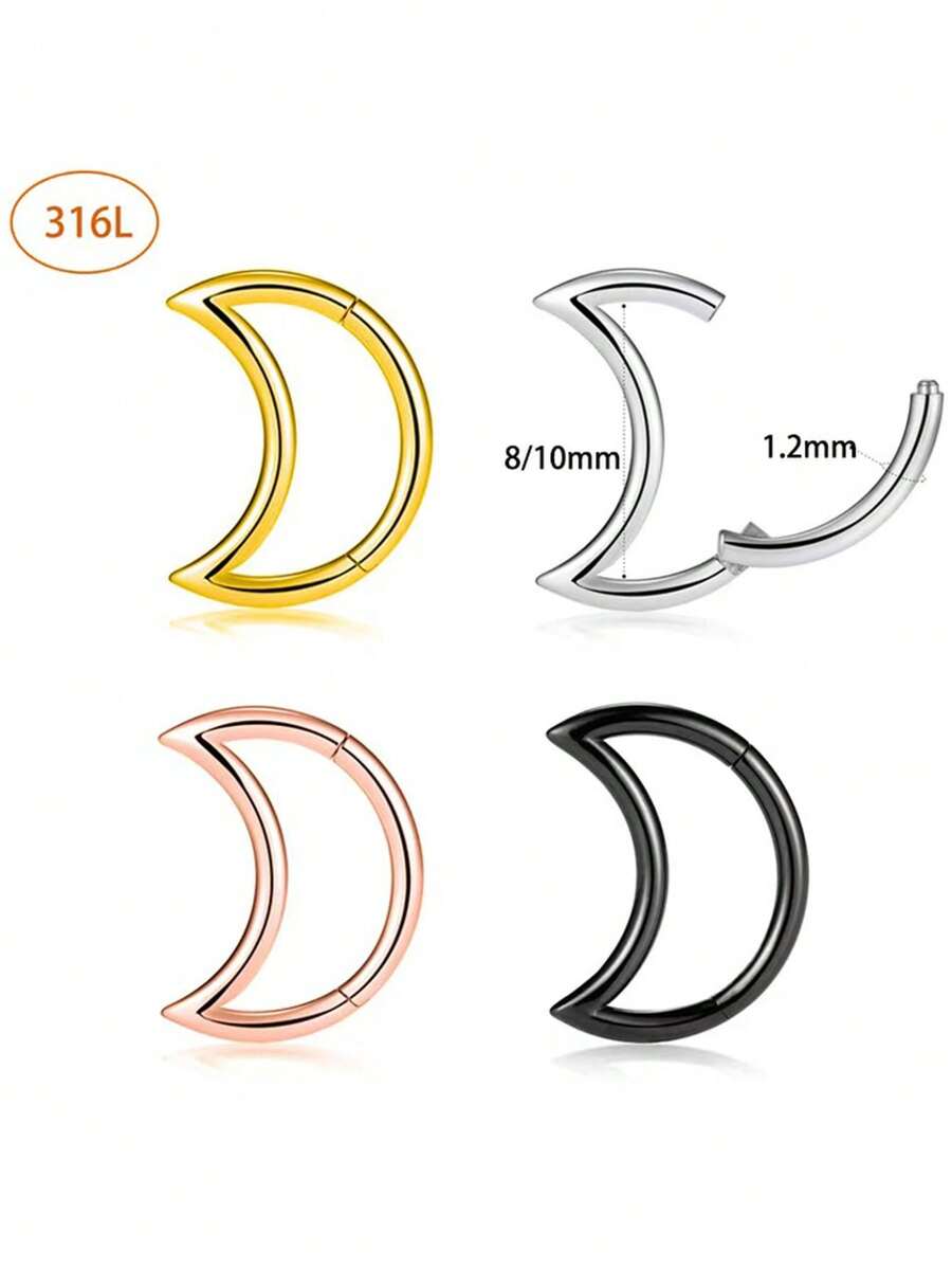 1pc Stainless Steel Seamless Hinged Segment Ring, Moon Shape, Suitable For Nose Septum And Ear Piercing, Unisex Daily Wear