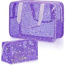 Aliceset - 2 bolsas grandes de maquillaje de estrellas transparentes de 12 x 5 x 8 pulgadas bonita bolsa de cosméticos con asa y bolsa de maquillaje mediana impermeable de PVC bolsa de - Púrpura - Ver 8