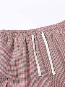 Men's Red Plaid Multi-Pocket Cargo Shorts, American Vintage Loose Drawstring Bermuda Shorts - Red - View 6